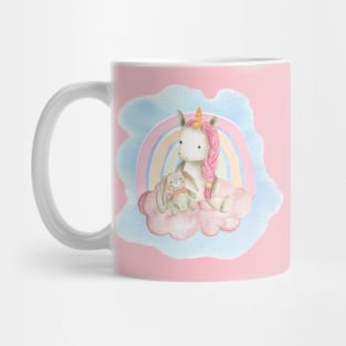 Cute pink baby unicorn with her favourite bunny toy sitting on a fluffy pink cloud Mug